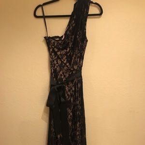 off the shoulder floor length lace gown.